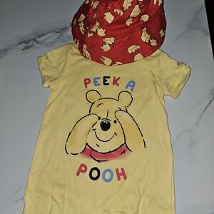 Yellow Peek-a-Pooh Baby Outfit with Red Hat